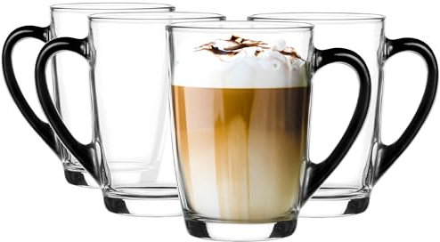 Glasmark KROSNO 1992 Verre à café avec anse Verre à thé Tasse 300 ml Verre robuste Passe au lave-vaisselle Poignée noire brillante