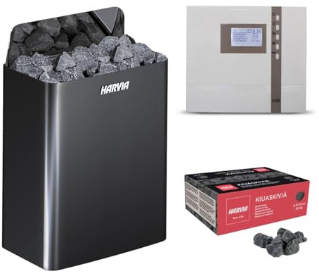 Harvia The Wall Poêle pour sauna avec commande EOS ECON et pierres de sauna 400 V (chrome foncé, 6 kW)
