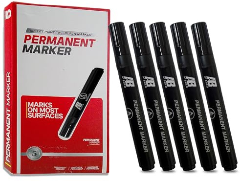 AIBULO 5 Pack Black Permanent Marker Pens – Fine Tip Waterproof Markers for Writing, Labeling & Drawing – Smudge-Proof, Fade-Resistant Marker Pens for School