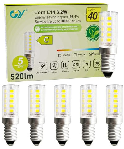 GY Kühlschranklampe E14 LED Kaltweiss Birne, 6500K LED Lampe, 3,2W Glühbirne E14 ersetzt 40W lampen, 520LM, Kein Flackern Maiskolben Lampen Nicht Dimmbar, 5 stück