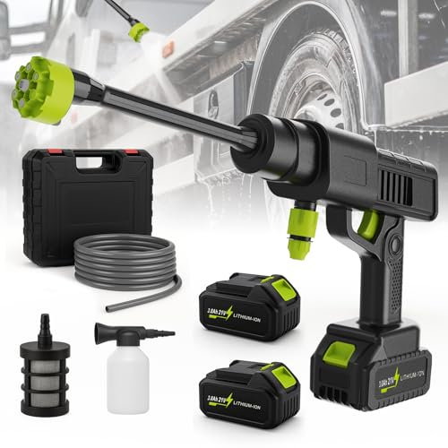 Winwj Hidrolimpiadora Portátil de Alta Presión, Batería de Litio, 2 Baterías Recargables, Boquilla 6 en 1, Manguera de 5M, Ideal para Coche, Jardín y Limpieza en General