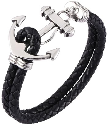 JEFKULIOG Leather Bracelet Iris/Horseshoe/Rudder/Skull Cross/Anchor Double-Layer Leather Braided Bracelet for Men