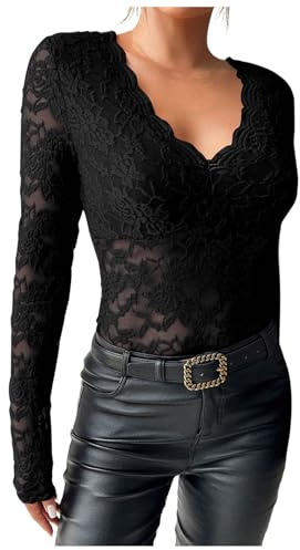 Générique Top Trasparente Donna Elastico Camicia Manica Lunga Top in Pizzo Sexy Camicetta Clubwear Top a Maglia per Serata Club Taglio Asciutto, Le Noir, L