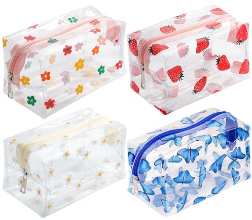 HTTDSLF 4 Piezas Neceser Transparente, Neceser de Aseo Transparente, Bolsas Portátiles de Maquillaje y Cosméticos, Bolsa de Cosméticos para Viaje Mujeres