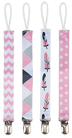 FTVOGUE 4st Metal Clips Baby Pacifier Holder Band med Polyester Unisex Design Tvättbara och Hållbara för Tandleksaker Hållare Haklappsklipp (6)