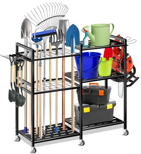 Mimoke Scaffale Portautensili da Giardino in Metallo, con 6 Ruote, Robusto Supporto per Attrezzi per Giardino, Garage, Cantina e Officina