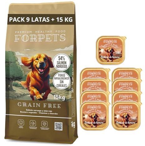 FORPETS Pack Pienso Grain Free Salmón y Atún 15kg + 9 Latas Pollo y Ternera, Comida Natural sin Cereales para Perros, Hipoalergénica, Rica en Omega 3 y 6, Alta Digestibilidad, Piel y Pelaje Sano