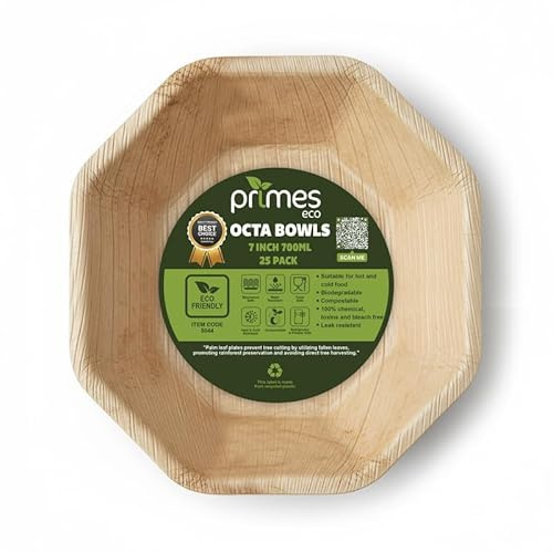 PRIMES ECO 25 Pack Disposable Palm Leaf Octa Bowls 7 Inch 700ml Natural Areca Leaf Serving Bowls for Salads & Meals Suitable for Parties, Buffets, Events, Catering & Professional Food Service Use