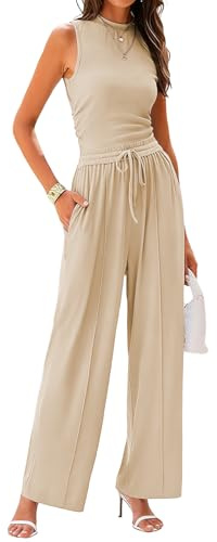 Rayson Tuta Donna Casual 2 Pezzi Estate Completo Canotta Senza Maniche e Vita Alta a Gamba Larga Pantaloni Lunghi Tasche con Coulisse Tinta Unita（Beige,L）