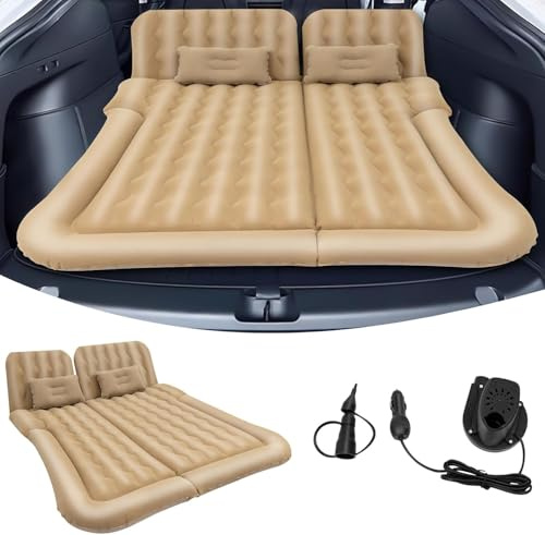 LUNICASHA Matelas Gonflable Voiture pour SUV, Portable épais Flocage Matelas Voiture Arriere avec Pompe à air et Oreillers pour Camping, Voyage, Les activités de Plein air (Beige)