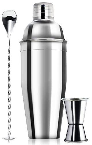 Ensemble shaker à cocktail de 710 ml – Mélangeur professionnel à margarita et doseur et cuillère à mélanger – Outils de bar professionnels en acier inoxydable avec passoire de barman intégrée pour kit