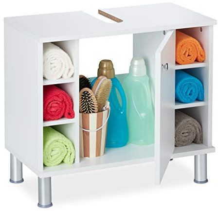 Relaxdays bajo Lavabo, Puerta, 7 estantes, Corte para sifón, Mueble de baño MDF, HBT 53,5x60x32 cm, Blanco, Plástico, Tablero de Fibras, 53.5 x 60 x 32 cm