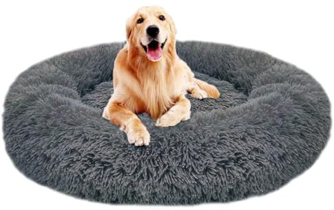 Chenge Grand Tapis Chien Moelleux Coussin XXL,Orthopedique Panier Chat Anti Stress XL,Rond Coussin Apaisant Panier pour Chien Moyen Taille XXXL Donut(Gris Foncé 100cm)