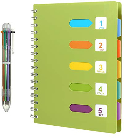 Kesote A5 Cuaderno Espiral con Etiquetas de 6 Color y A Bolígrafo de 6 Color A5 Notebook para Escuela, Oficina o Hogar, 120 Hojas(Verde)