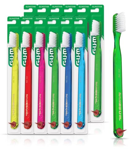 GUM Spazzolino da denti classico 409 con punta in gomma, testa compatta, setole morbide, campioni sfuso, 12 pezzi