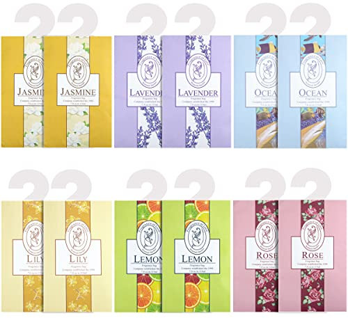 12 Pack Fragrance Sachet Bags, Natural Moth Repellent, Lavender Bags, Wardrobe Fresheners Hanging for Drawers Closets, Rooms, Wardrobes, Bathrooms,Cars(Jasmine, Rose, Lavender, Lily, Ocean, lemon)