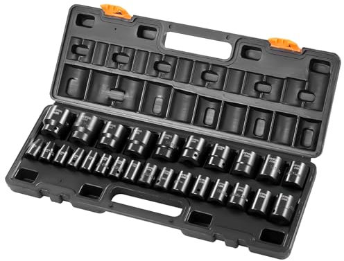 VEVOR Juego de vasos de impacto de 1/2, 26 piezas, vasos de impacto poco profundos de 10-36 mm, acero de aleación CR-M0 de 6 puntos, con estuche de transporte, para reparación de automóviles