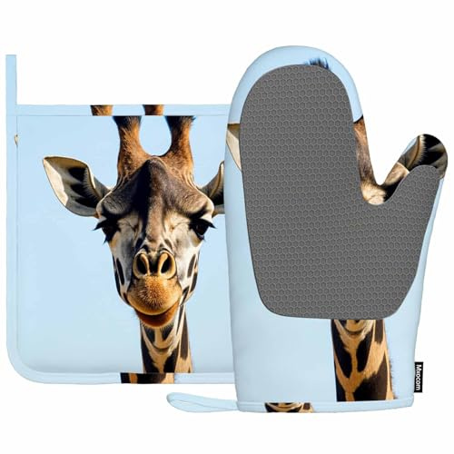 Mxocom Giraffe Head Oven Mitts and Pot Holders Sets Close Up Shot of Neutral Background Silicone Heat Resistant Kitchen Oven Gloves Pot Holder for Cooking