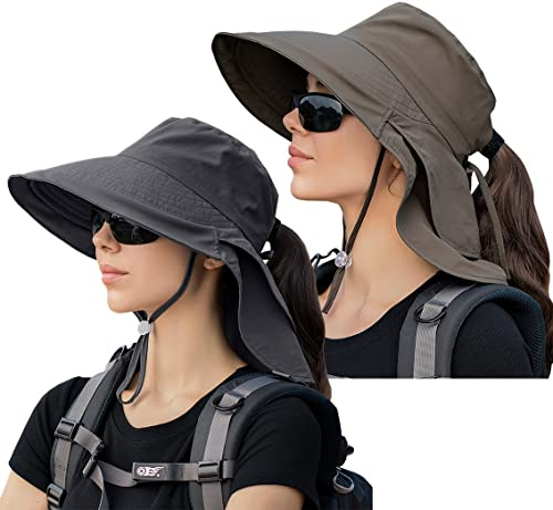 29 IYEBRAO Lot de 2 chapeaux de soleil pour femme avec protection du cou et protection UV large bord queue de cheval chapeau d'été UPF 50 réglable plage chapeau de pêche chapeau de pêche chapeau de
