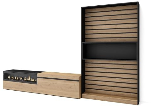 Skraut Home | Ensemble Meuble TV | Meuble Salon Complet | 310x186x35cm | pour Les TV jusqu'à 80 | Cheminée électrique | Style Moderne | Chêne et Noir