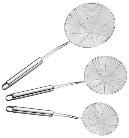 TheStriven 3 Stück Edelstahl Schaumlöffel Siebkelle mit Langem Griff Spinnensieb Skimmer Sieb Schöpfkelle Mesh Abschäumerlöffel Kochskimmer Küchensieb mit Griffen Schaumkelle zum Kochen,Frittieren