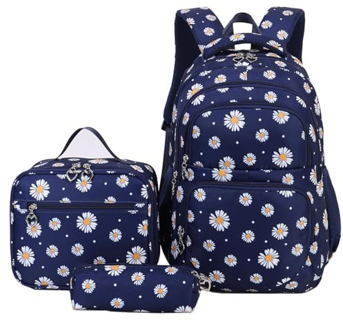 SIVENKE Schulrucksack Mädchen Teenager Damen Schultasche Rucksack Set Gänseblümchen Schulranzen für Mädchen Schule Freizeit mit Lunchpaket Tasche und Mäppchen