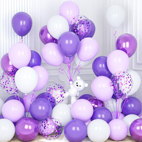 Ousuga Palloncini Viola Bianchi, 30 Pezzi 12 Pollici Palloncini Pastello Lilla Metallizzato Lavanda Coriandoli per Compleanno Matrimonio Anniversario Baby Shower Feste Decorazioni