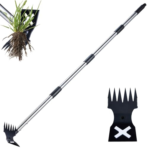 NICOFPHY Weed Puller Tool with Long Handle - 60 Manual Weeder Remover Tool, 2 in 1 Hand Weed Rake and Garden Hoe for Gardening, Heavy Duty Uprooting Weeding Pull for Yard, Lawn, Patio and Garden