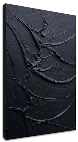 zoinart Hand Painted Thick Texture Black Minimalist Vertical Wall Art 24x36 Inches Black Oil Painting Contemporary Art Oil on Canvas Home Office Corridor Wall Art