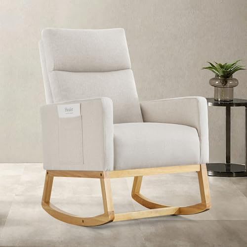 Aunekiv Fauteuil à Bascule Haut Dossier en Lin pour Adultes avec Poches Latérales et Base en Bois, Chaise à Bascule Moderne pour Salon ou Chambre, Fauteuil de Nursing pour Chambre Bébé