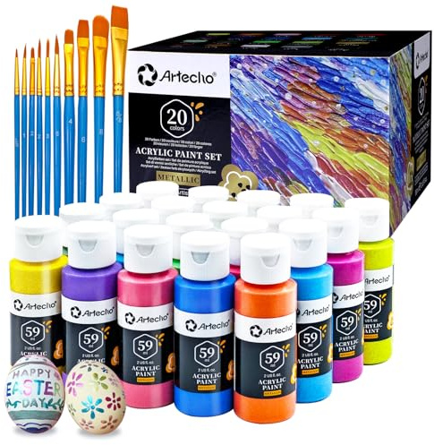 Artecho Ensemble de peinture acrylique 20 couleurs métallique de 59 ml avec 10 pinceaux, fournitures de base de peinture acrylique pour bois, tissu, artisanat, toile, cuir et pierre