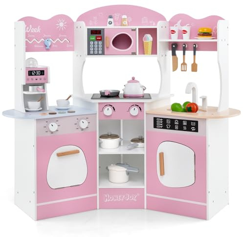 COSTWAY Cuisine Enfants en Bois avec 18 Accessoires & Machine à Café, Cuisine d’Angle Enfants avec Micro-Ondes & Étagères, Lumières et Sons, Jouet d’Imitation pour Tout-Petits de 3 Ans+ (Rose)
