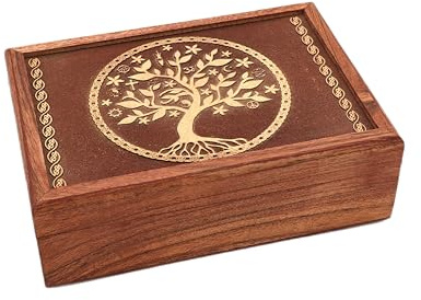 LivuX Låda, låda Livets träd – 17,5 x 13 x 6,5 cm, högkvalitativt trä med handsnidat motiv, perfekt för förvaring av tarotkort, smycken eller personliga föremål 1191