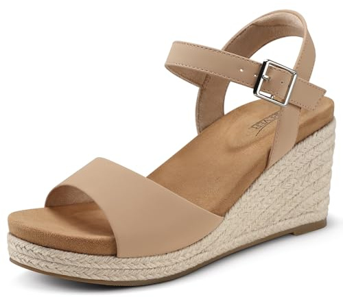 SHIBEVER Women's Wedge Platform Sandals: Espadrille Dressy Comfortable Summer Open Toe Ankle Strap Buckle Women Sandal Nude Size 7