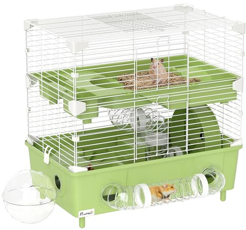 PawHut Gabbietta per Criceto 2 Livelli, 3 Porte, Ruota Silenziosa, Verde