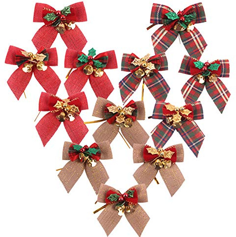 BAFOVY Leinengarn Christbaumschleifen, 12 Stück mit Eisen Glocken, Ideal für Weihnachtsdekoration, Langlebige und Preiswerte Accessoires, Größe: 75 * 48cm