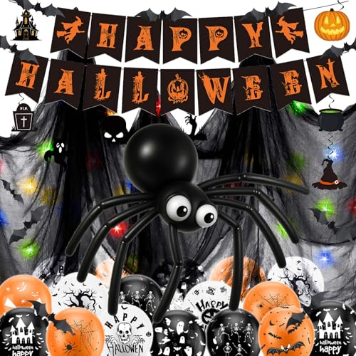 Halloween Deko Set, Gruselig halloween party deko, 5 Meter lange bunte LED-Lichterkette, Schwarze Gaze, Spiralen Deckendeko, Banner, Luftballons, Spinnen, Fledermaus Deko, Gruselig Party