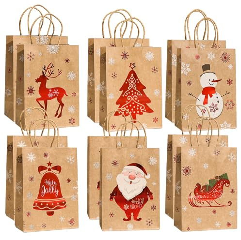 Bolsas Regalo Navidad, RosyFate 12 Piezas Bolsas Papel Regalo Navidad, Bolsas Papel Kraft Regalo con Asas, 6 Patrones, para Fiestas Navideñas, Embalaje de Regalos