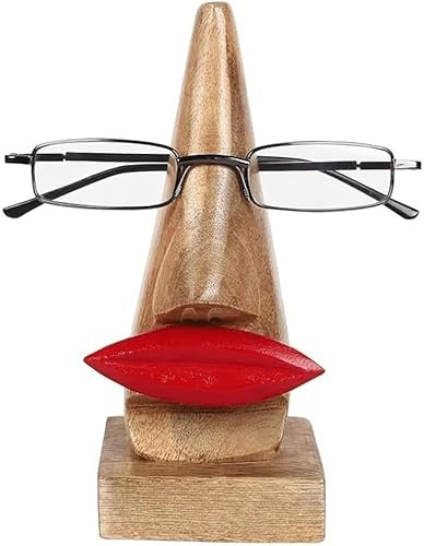 Dugan Supporto per occhiali in legno con design a forma di viso, realizzato a mano con labbra rosse, organizer da scrivania, 15,2 x 6,4 cm