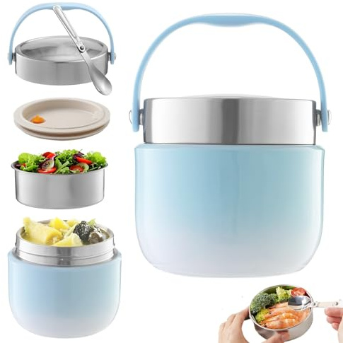 Contenitore Termico per Alimenti, Thermos per Alimenti 1200 ml, Pieghevole, Ciotola Termica con Coperchio, Grande Capacità Contenitore Termico di Acciaio Inossidabile, per Zuppe, Porridge, Blu