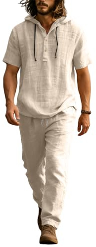 Generico Completo Lino Uomo Estivo, Tuta Completa, Elegante Sportiva Sauna Estate Completo Sportivo, Leggera Matrimonio Casual Felpa Uomo con Cappuccio Maniche Corte e Pantaloni, L