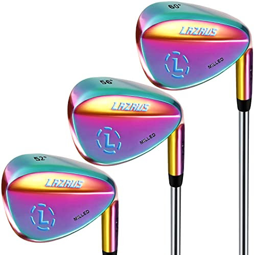 LAZRUS Juego de cuñas de Golf forjadas de Primera Calidad para Hombres - 52 56 60 Grados cuñas de Golf + Cara fresada para más giros - Gran Regalo de Golf (Arco Iris, arcoíris 3 cuñas)