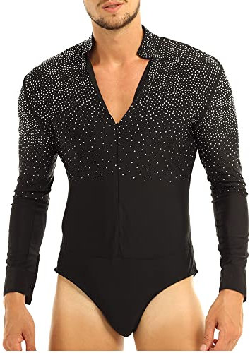 iEFiEL Glitzer Herren Latein Hemd V-Ausschnitt Tango Rumba Hemd Body Einteiler mit Knöpfen im Schritt Turnier Shirt Trikot Tanz Kostüm Schwarz L