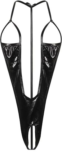 Damen Sexy Lingerie Nachtwäsche Dessous Babydoll Wetlook Teddy Offen Ouvert Tiefer V-Ausschnitt Reizwäsche Neckholder Rückenfrei Unterwäsche Stringbody, Schwarz, F