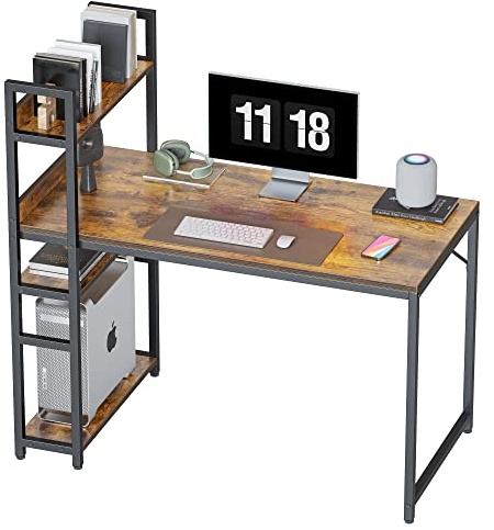 CubiCubi Computer Desk with 3 Tier Storage Shelves on Left or Right, 120x60x120 cm Study Writing Table with Bookshelf for Home Office, Modern Simple Style, Steel Frame, Rustic Brown