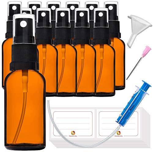 HandsUnity 30ml-12pcs de Flacon Pulvérisateur en Verre - set de Flacons en Verre Ambré de Pharmacie avec Vaporisateur Noir Flacon Pulvérisateur en Verre Brun comprenant 29 Accessoires