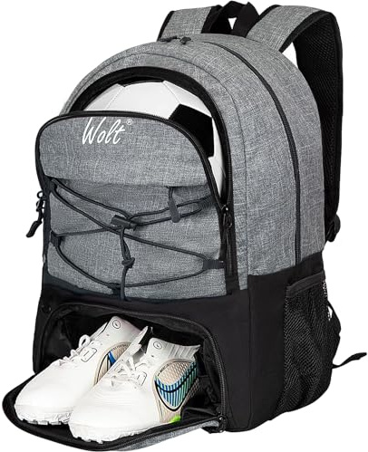 WOLT Soccer Backpack Soccer Bag with Ball Holder & Shoes Compartment, Sport Equipment Bags For Football, Basketball, Volleyball, Gym(Grey)