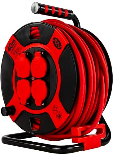 REV Kabeltrommel EX, 40m, H07RN, IP44, 3000W, Verlängerungskabel, Outdoor, 4 Steckdosen, Thermoschalter, rot