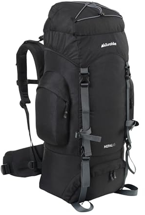 Eurohike Nepal 65 Litre Rucksack with Ventilated Back Panel & Padded Harness, 65L Backpack, Bag for Men & Women, Adjustable, Lightweight, Camping, Hiking, Trekking, Travelling, Outdoors, Black