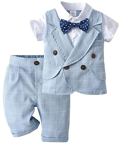 Yimutian Ragazzi Tuta da Battesimo Neonato Bambino Completini e Coordinati Gentiluomo, Completo Elegante a Quadri per Feste Matrimoni Blu 12-18 mesi